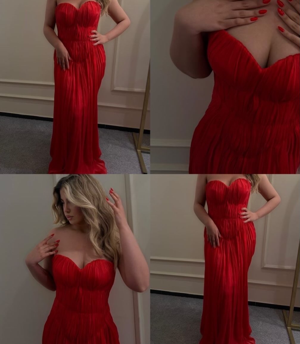 Fustan i gjatë i kuq pa rripa me drapim – MABLE Dress