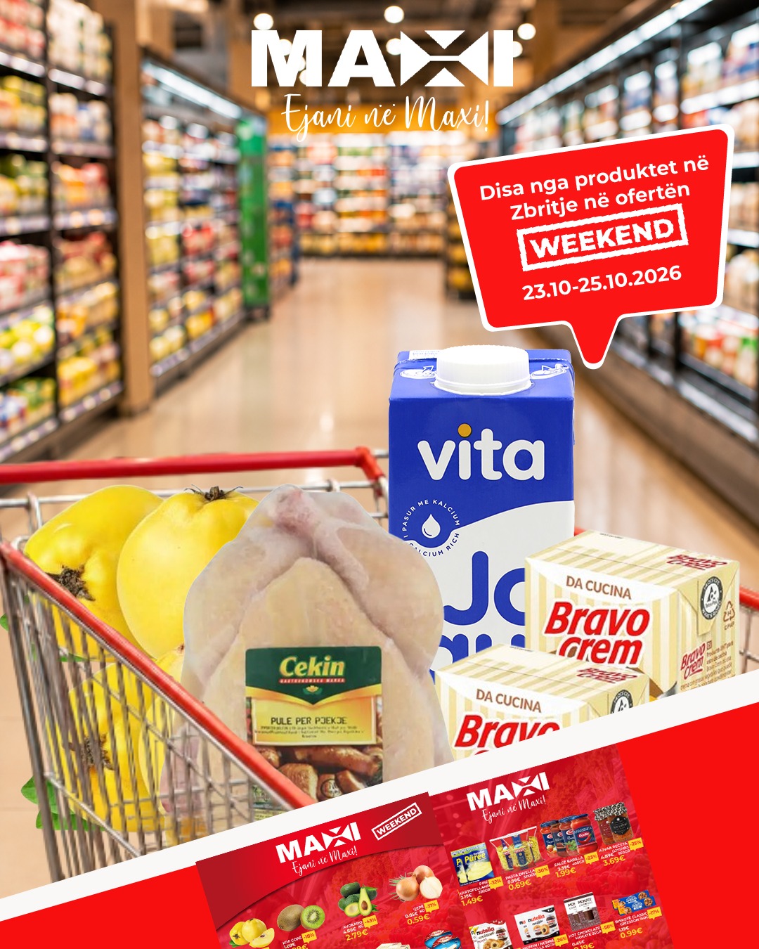 Shportë me produkte ushqimore në ofertë – Maxi Supermarket