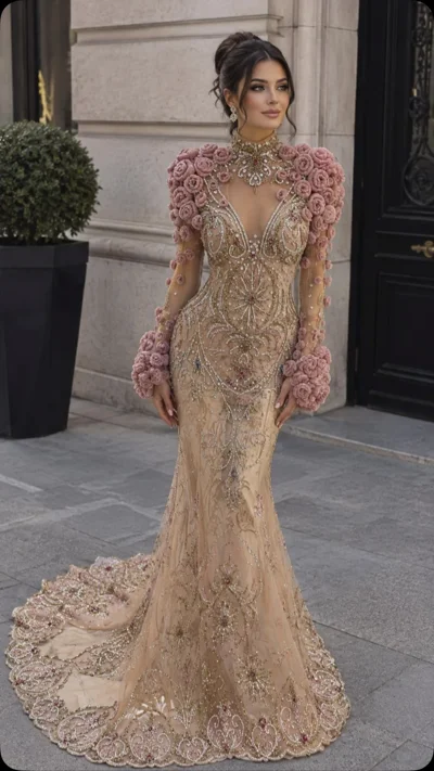 Fustan i gjatë bezhë me lule 3D dhe bisht