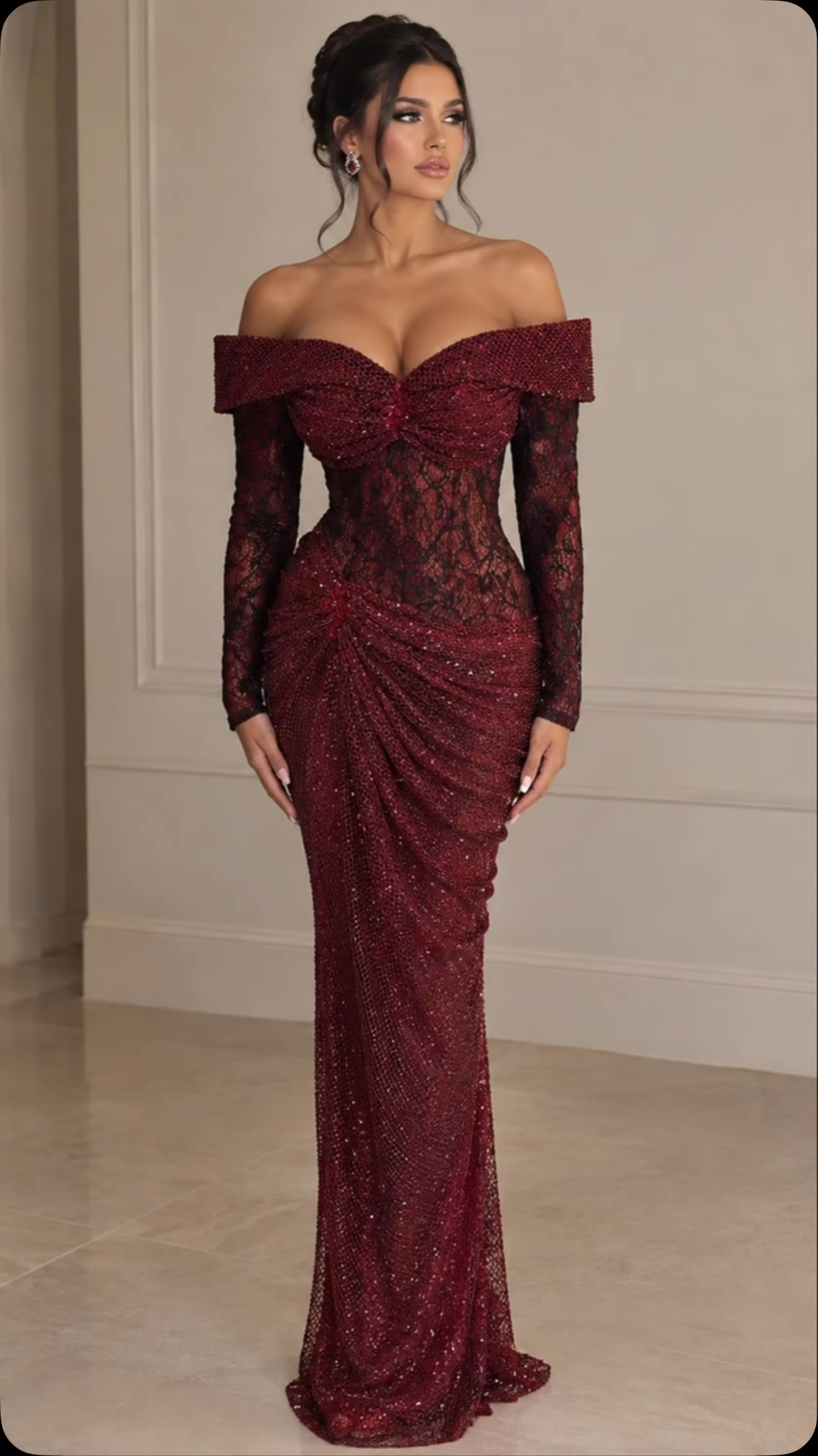 Fustan i gjatë bordo me supe të zbuluara – Melisa Fashion Int
