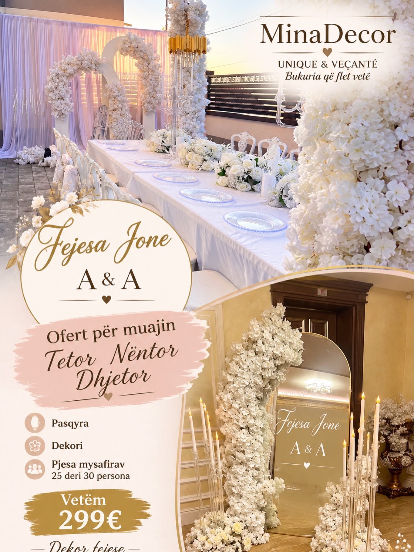 Paketë dekori për fejesë me lule të bardha – Mina Decor