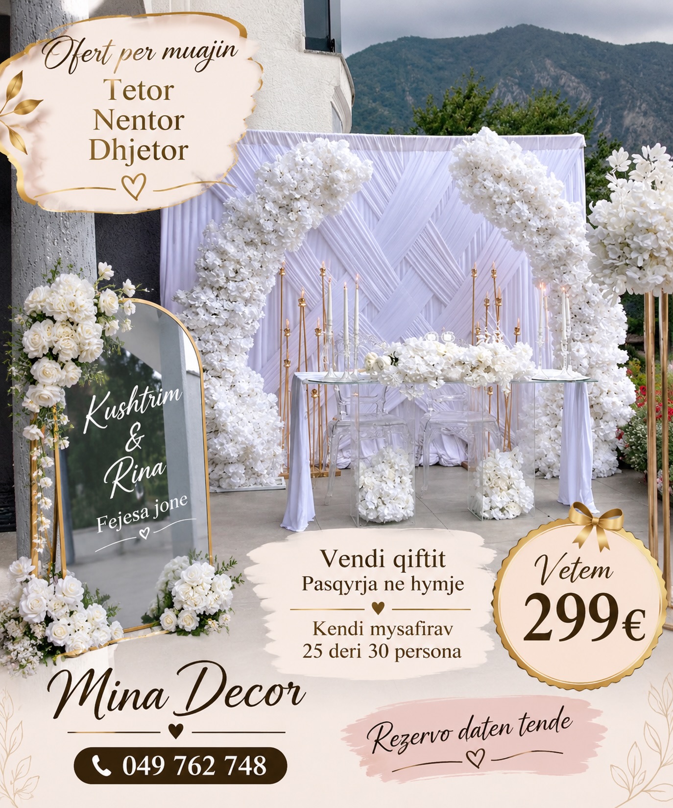 Kënd për çiftin me hark lulesh të bardha – Mina Decor