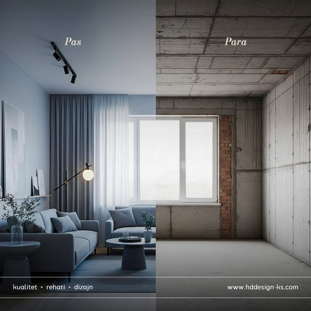 Dhomë ndenje para dhe pas mobilimit – H&D DESIGN.