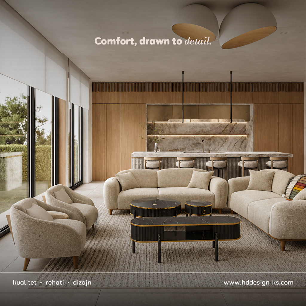 Set divanesh krem me kolltuqe dhe tavolinë mesi – H&D DESIGN.