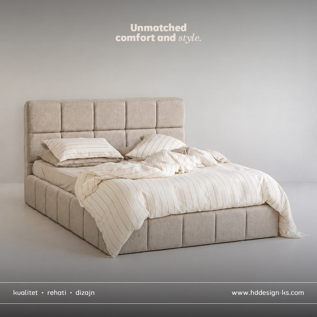 Shtrat bezhë tapicerie me kokë me kuadrate – H&D DESIGN.