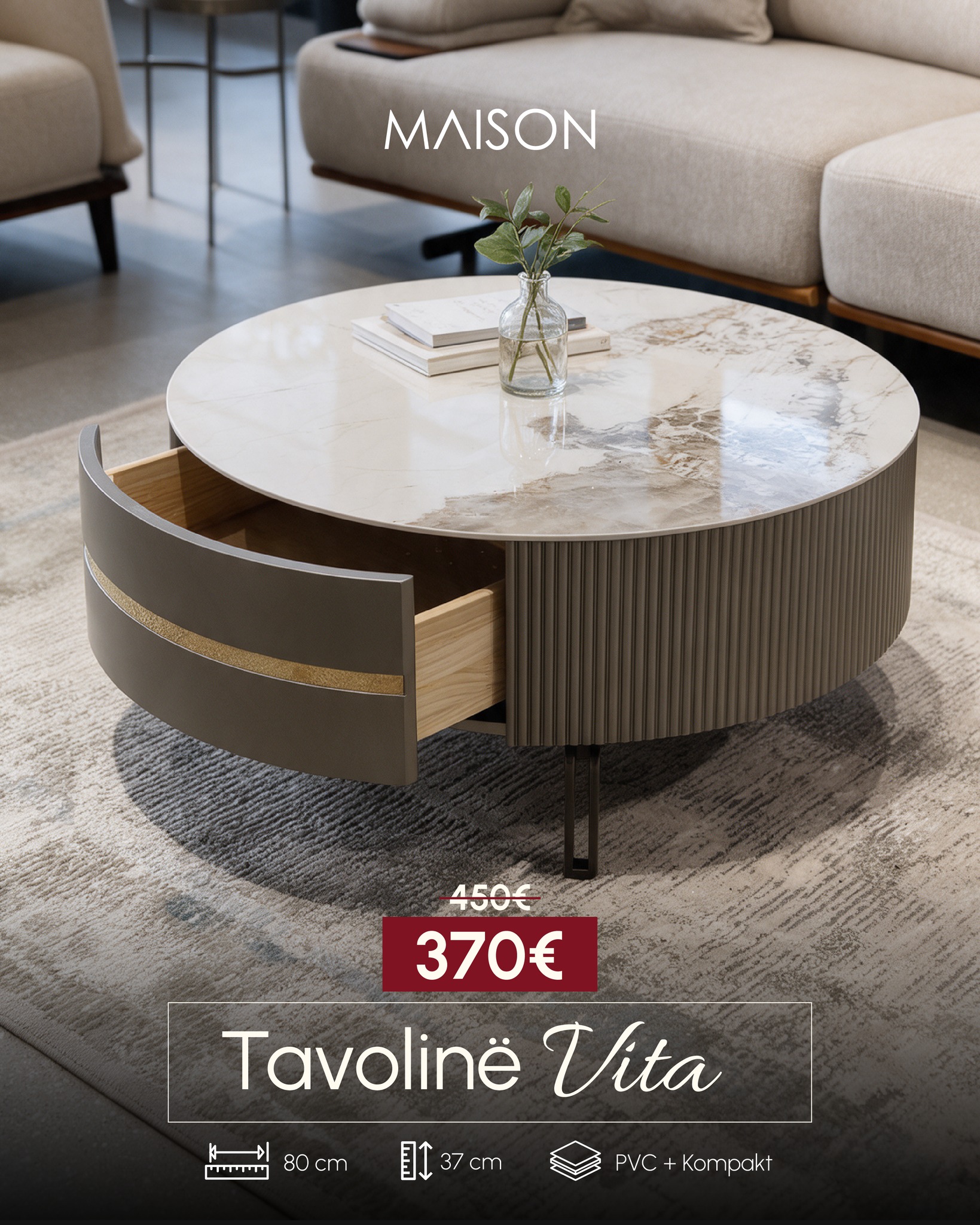 Tavolinë e rrumbullakët Vita me sirtar 80 cm – MOBILERIA MAISON
