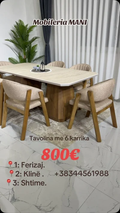 Tavolinë ngrënieje e bardhë me 6 karrige