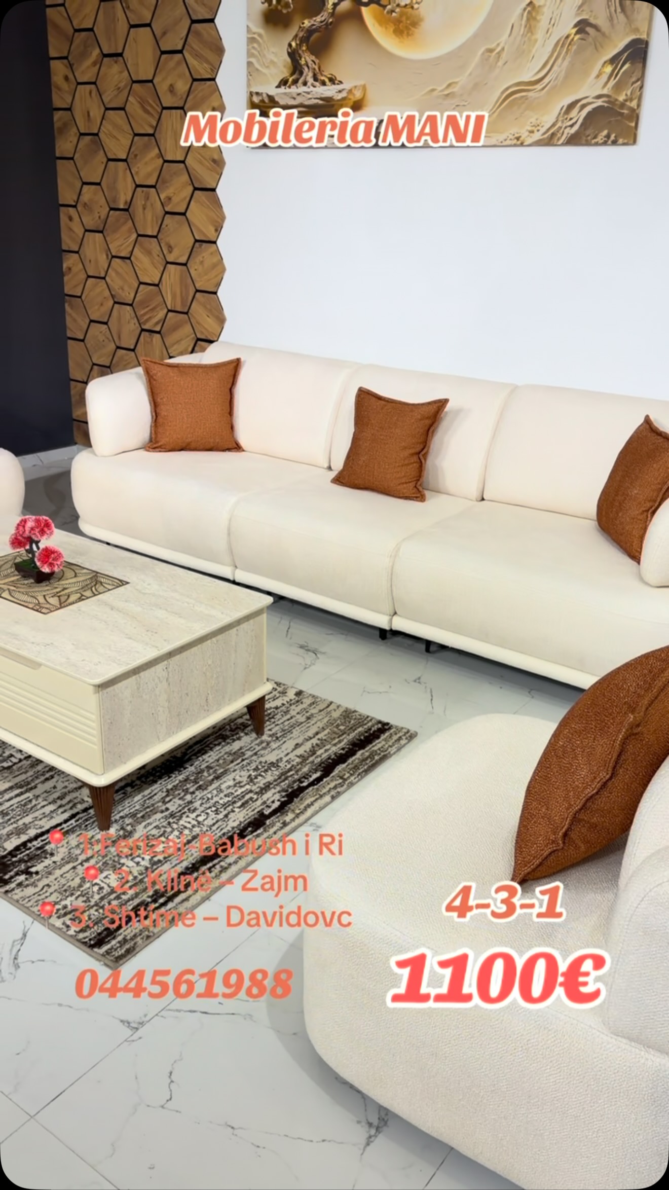 Set divanesh krem 4-3-1 me jastëkë portokalli – Fabrika_Mobileve_Mani