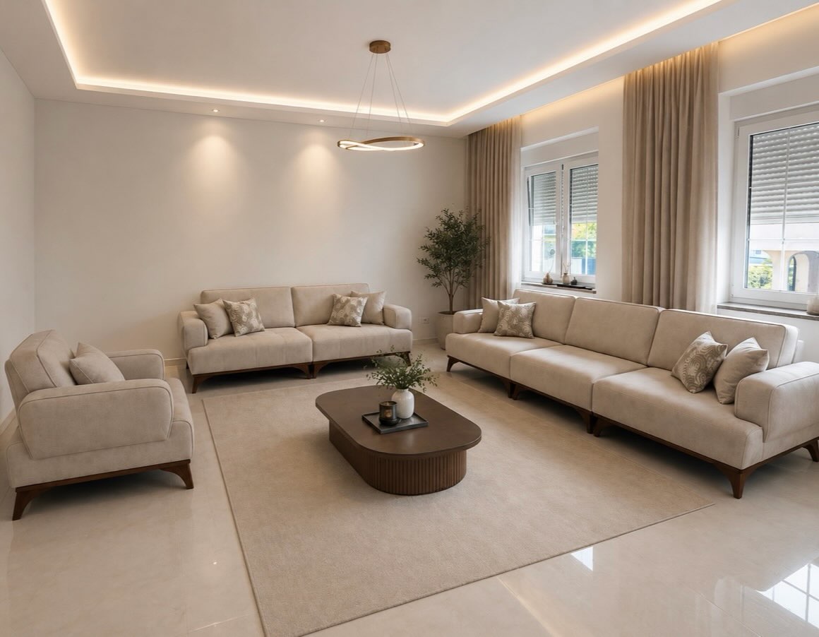 Set divanesh krem me tavolinë ovale – 🛋 Mobileria ARTI 🛋