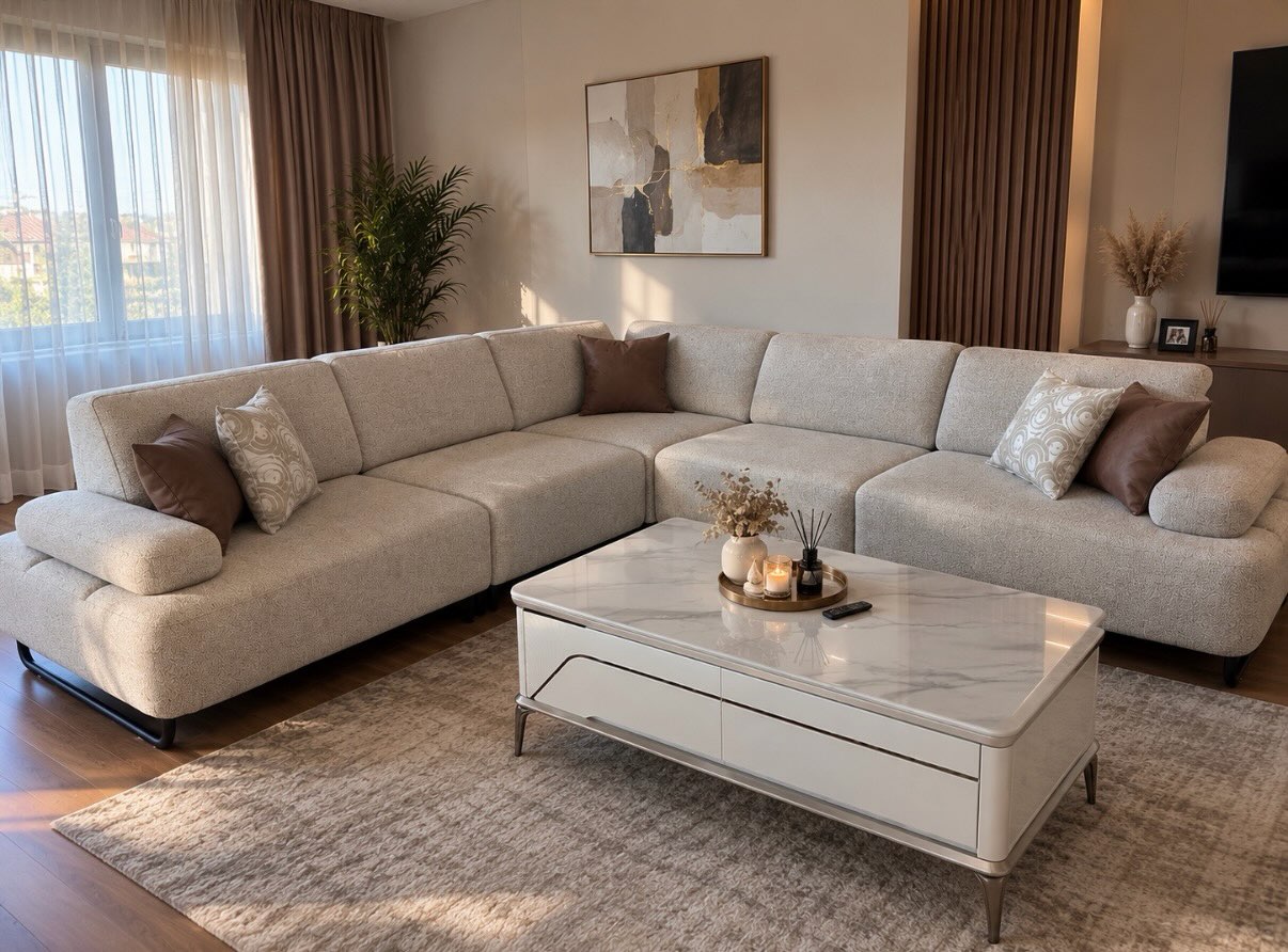 Kënd i ndenjes krem me tavolinë mermeri – 🛋 Mobileria ARTI 🛋