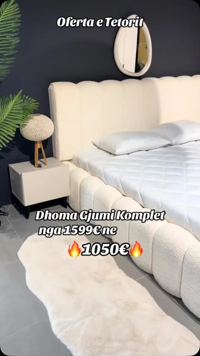 Dhomë gjumi komplet me shtrat të bardhë tapicerie