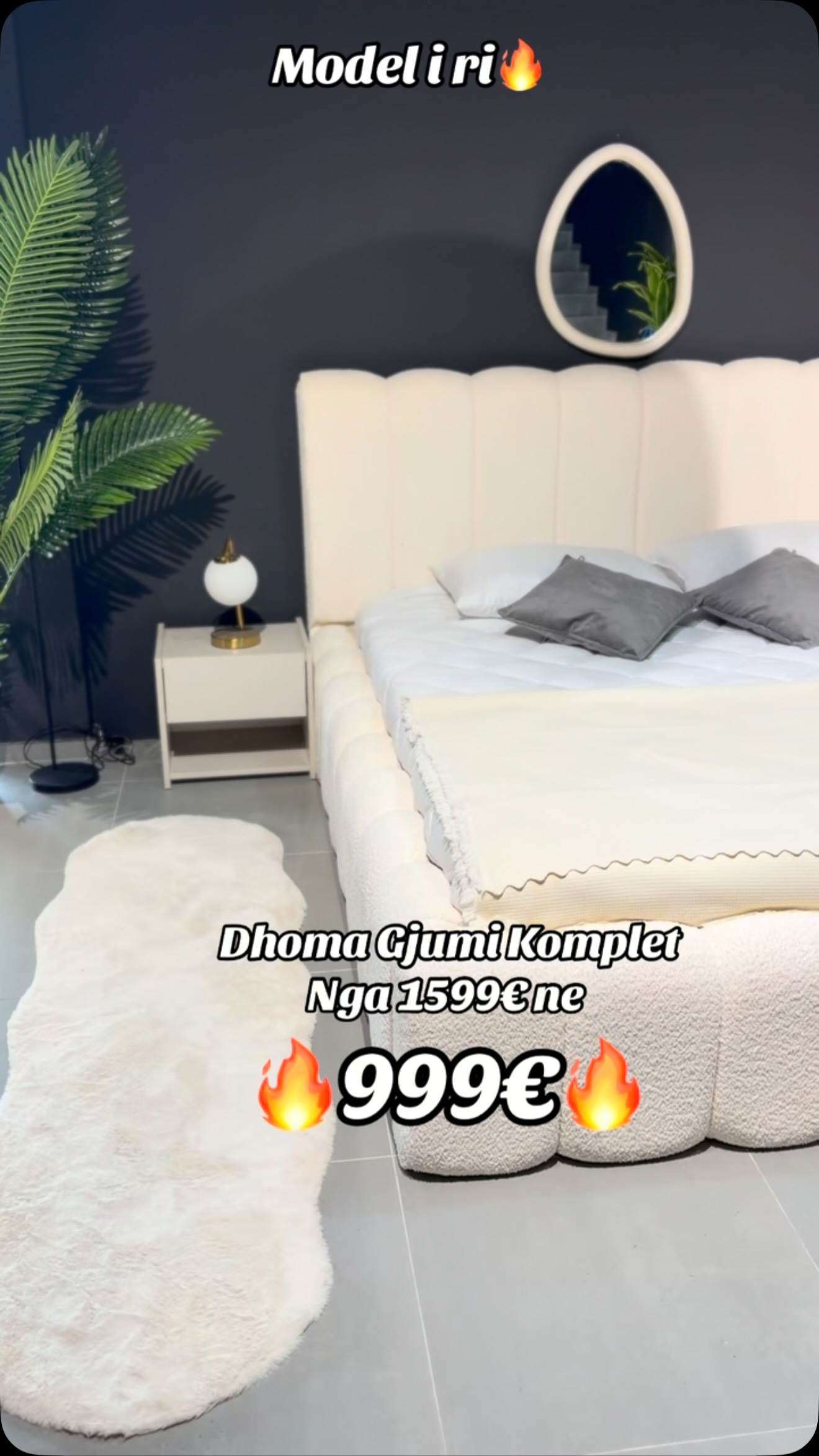 Dhomë gjumi komplet me shtrat krem tapicerie – Fabrika e Mobiljev Gunner