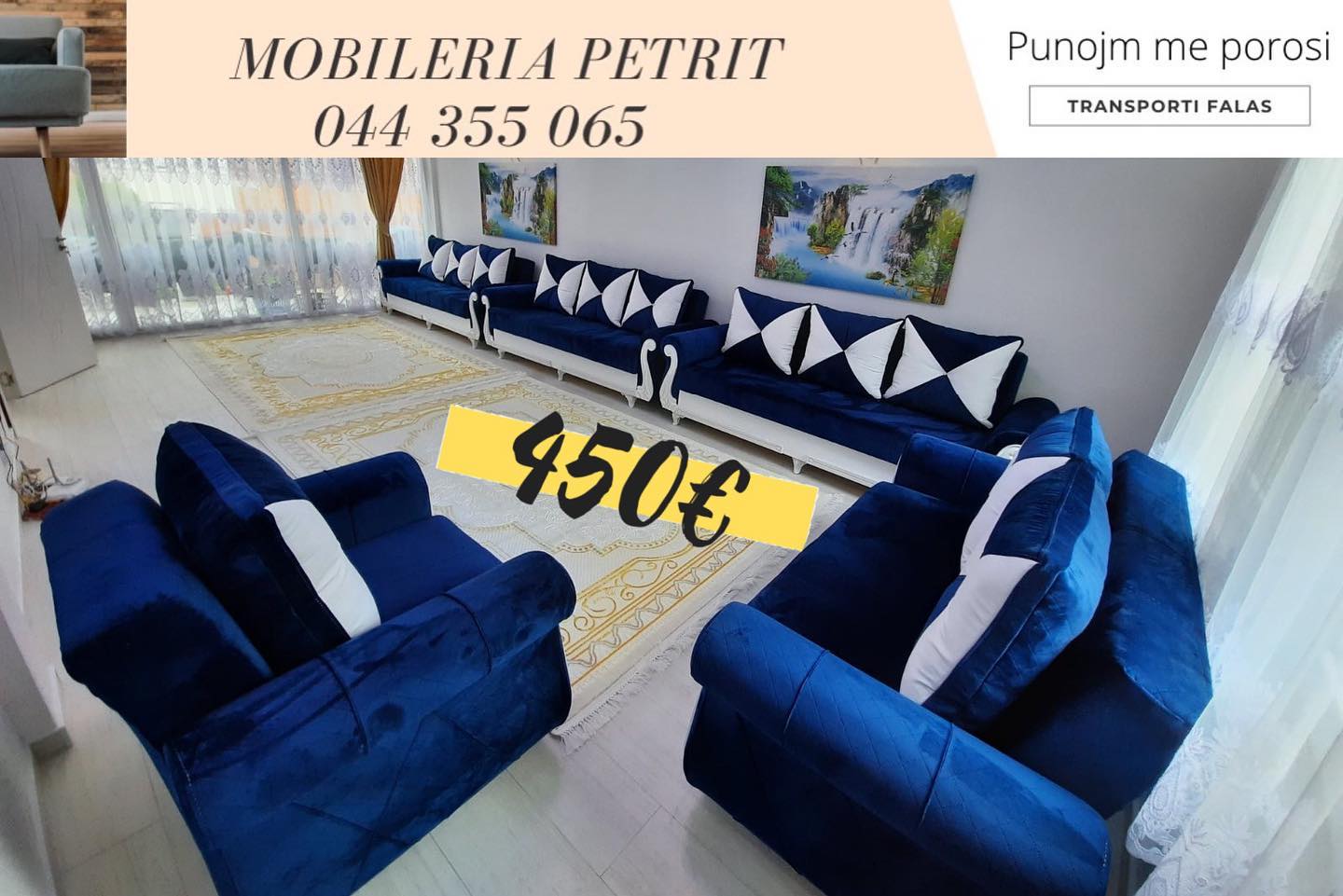 Set kauçësh blu kadife me jastëkë – 🛋 MOBILERIA PETRITI