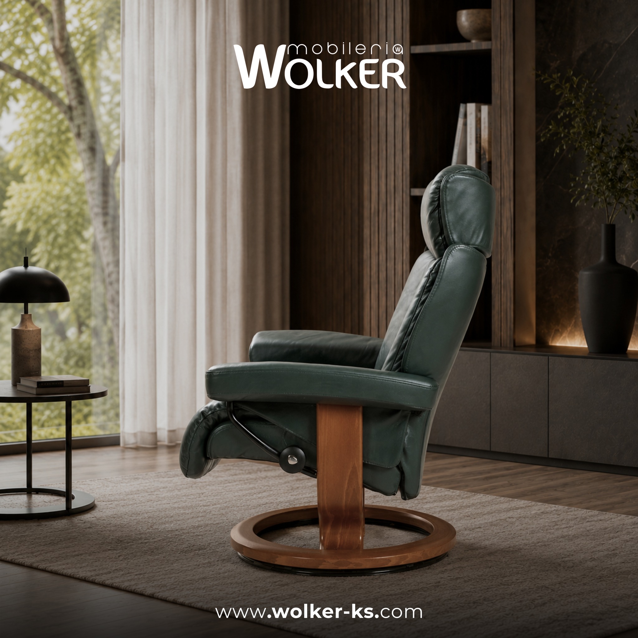Kolltuk relaksi jeshil lëkure me mbështetëse këmbësh – Mobileria Wolker
