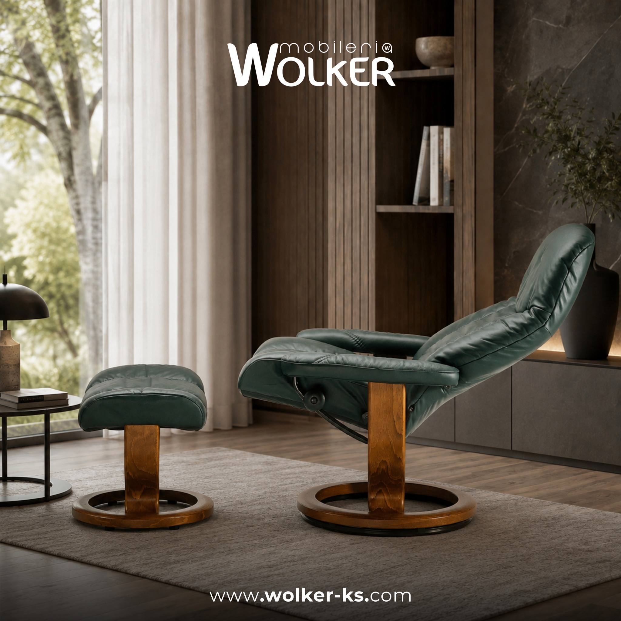 Kolltuk relaksi jeshil lëkure me mbështetëse këmbësh – Mobileria Wolker (2)