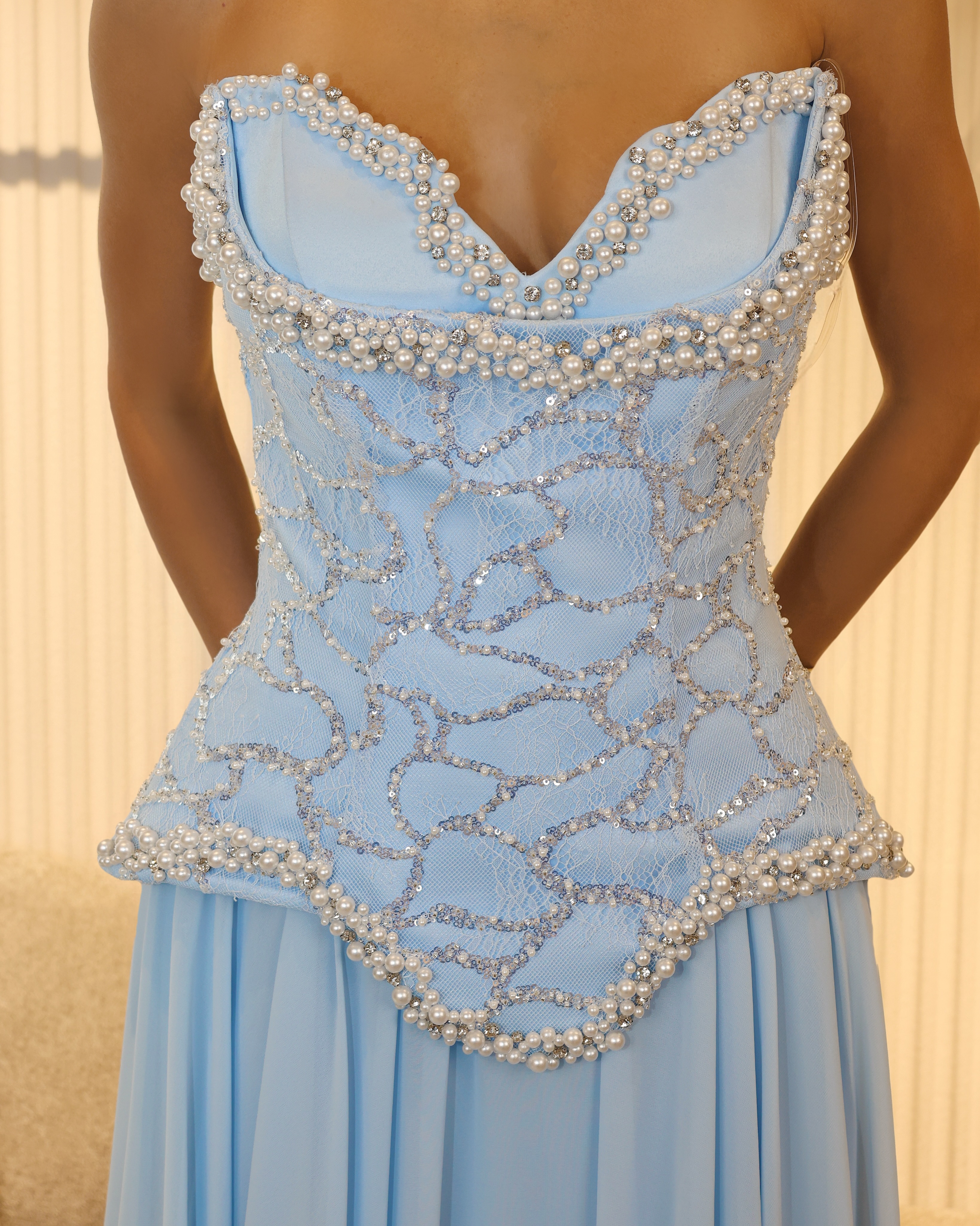 Fustan blu i çelët me korse dhe perla – Moda In Fashion (4)