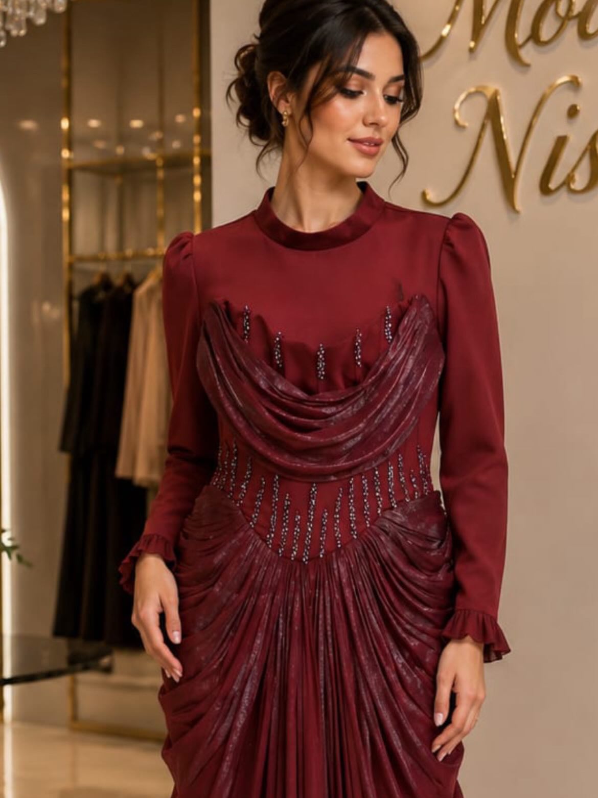 Fustan mbrëmjeje bordo me mëngë të gjata – 𝑴𝑶𝑫𝑨 𝑵𝑰𝑺𝑨