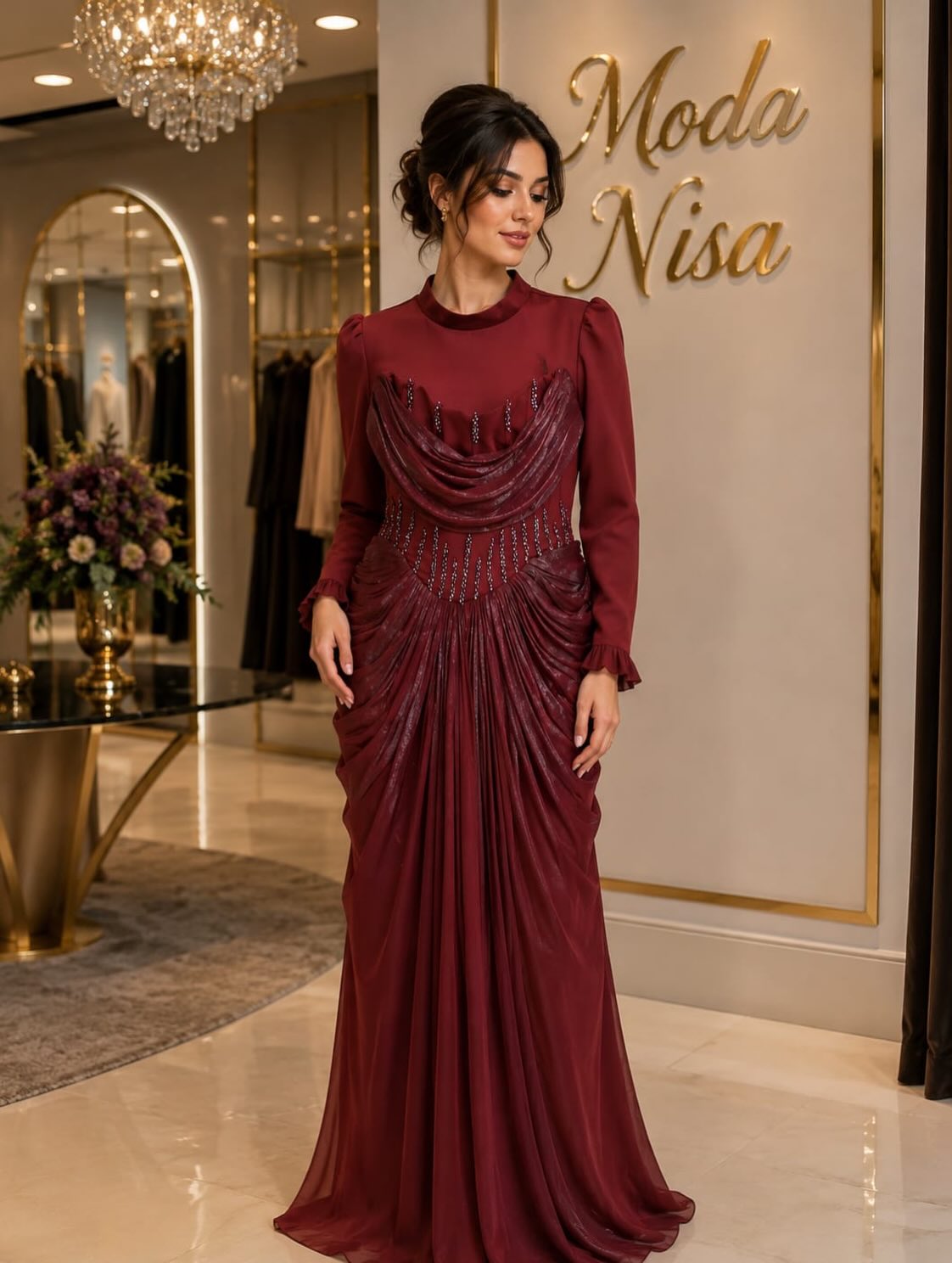 Fustan mbrëmjeje bordo me mëngë të gjata – 𝑴𝑶𝑫𝑨 𝑵𝑰𝑺𝑨 (2)