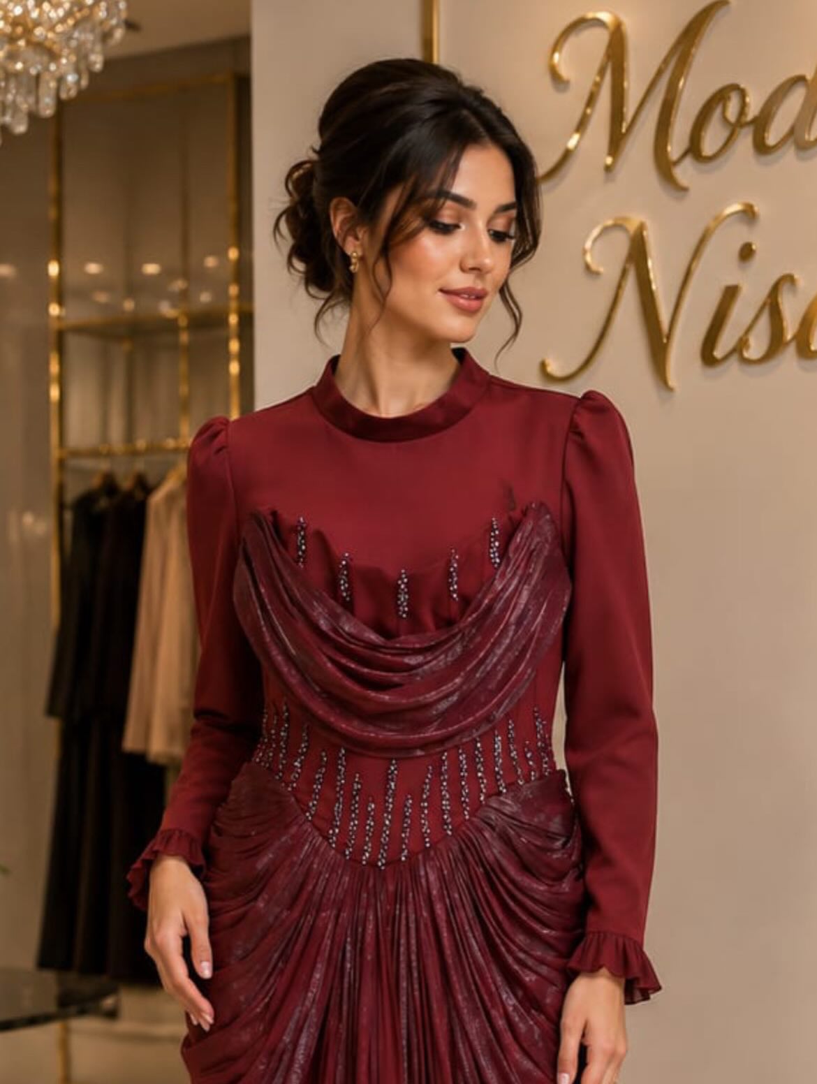 Fustan mbrëmjeje bordo me mëngë të gjata – 𝑴𝑶𝑫𝑨 𝑵𝑰𝑺𝑨 (3)