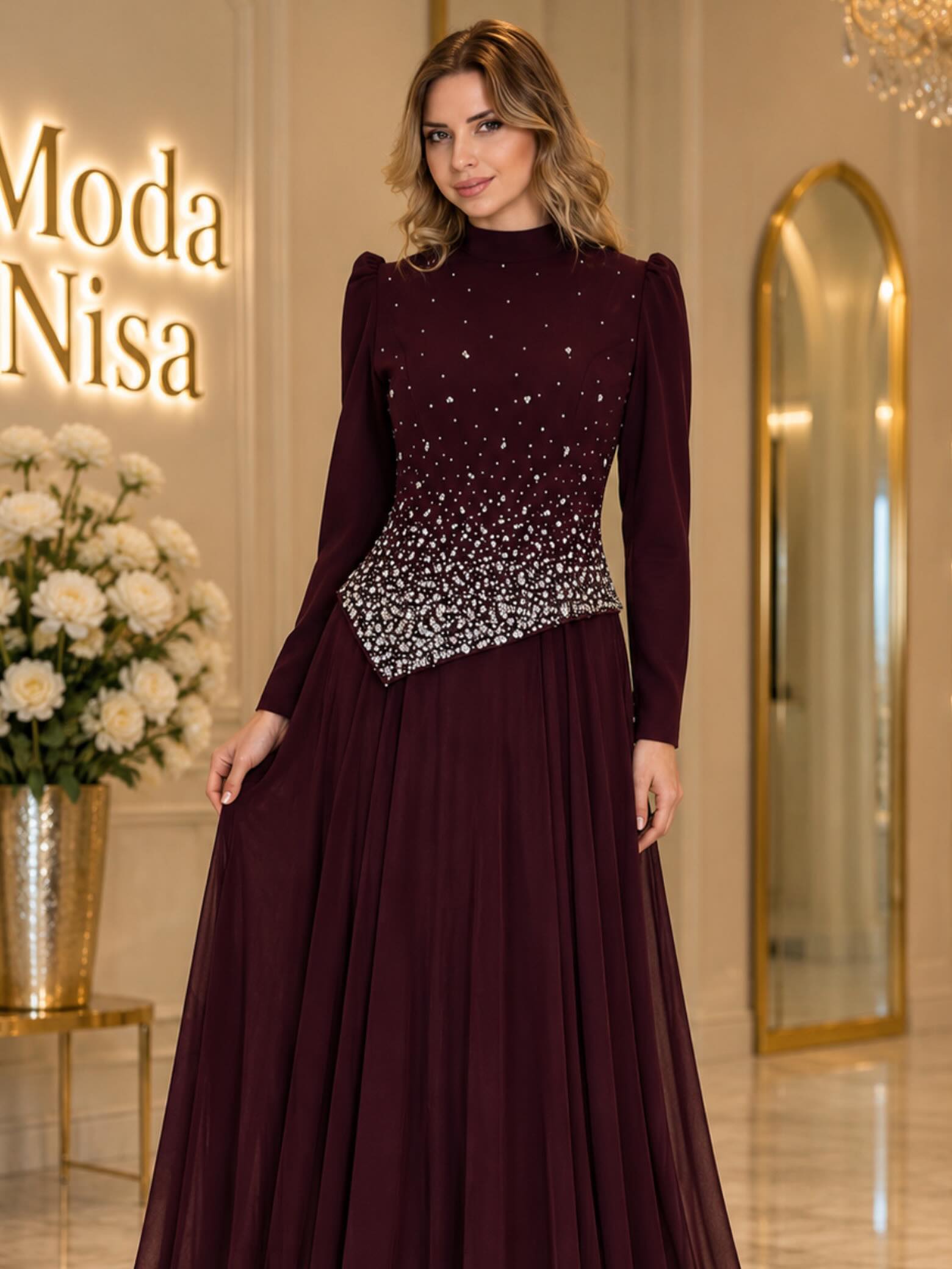 Fustan mbrëmjeje bordo me gurë – 𝑴𝑶𝑫𝑨 𝑵𝑰𝑺𝑨