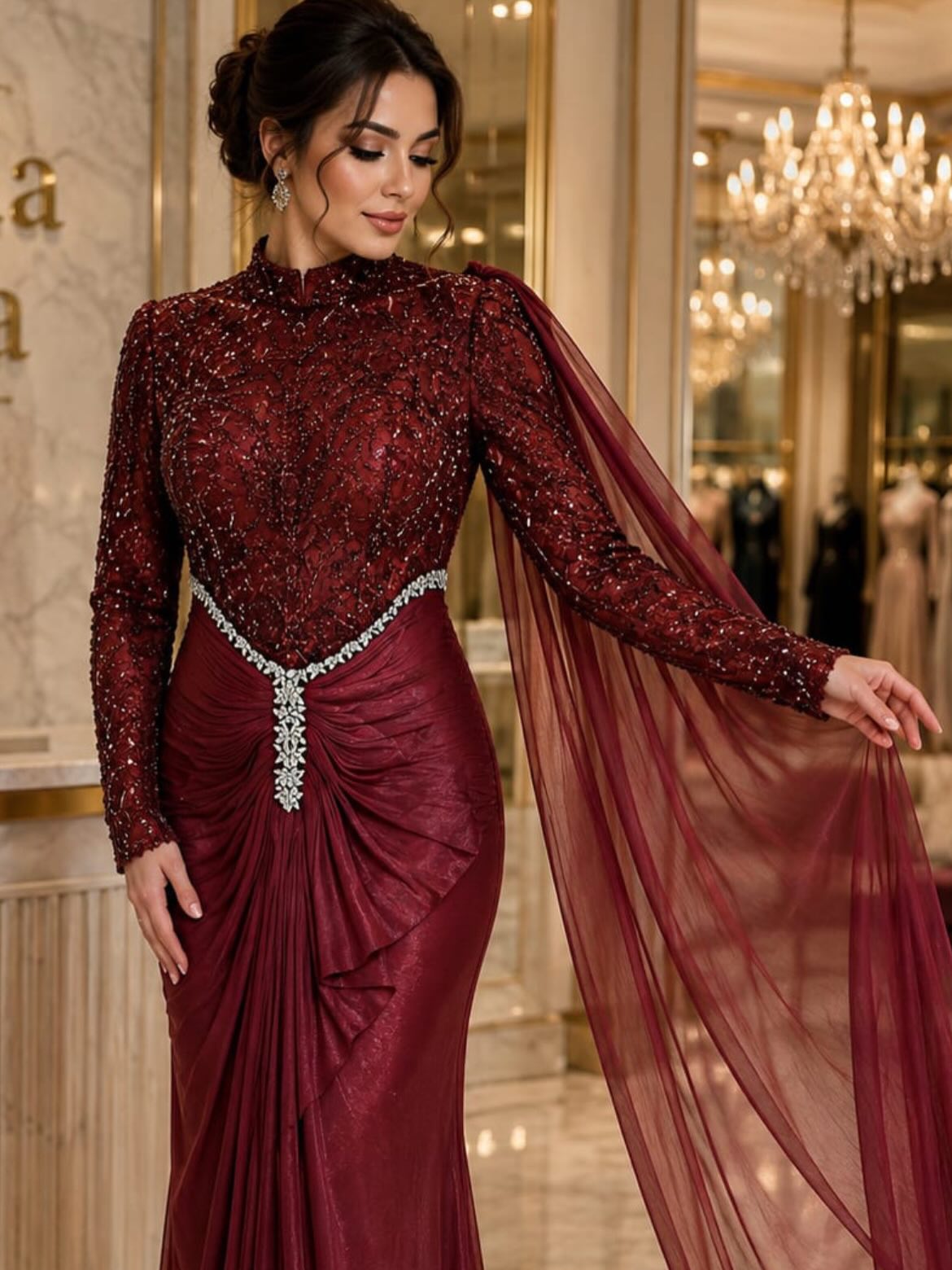Fustan mbrëmjeje bordo me shkëlqim dhe tyl – 𝑴𝑶𝑫𝑨 𝑵𝑰𝑺𝑨