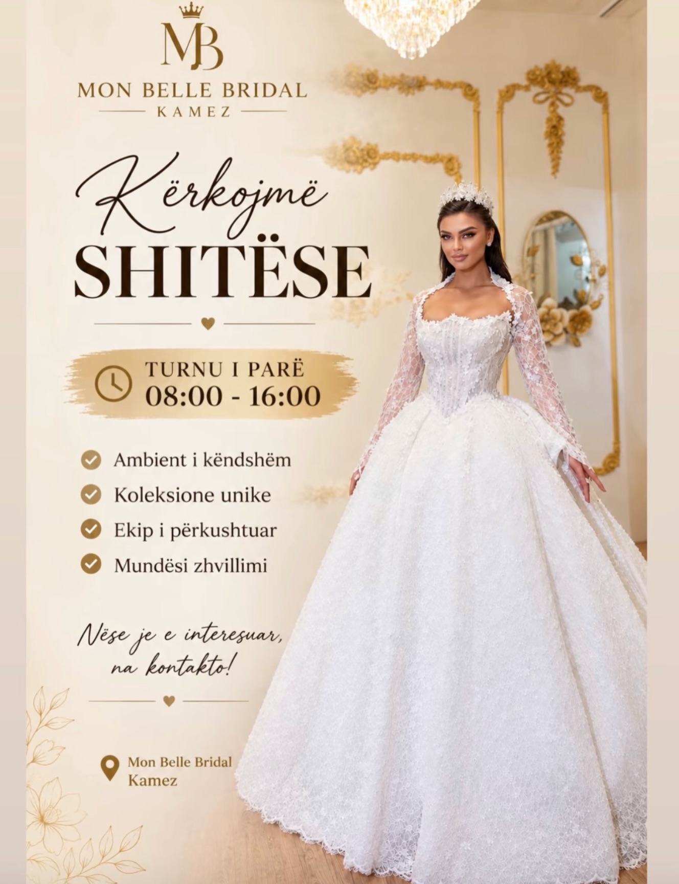 Njoftim pune për shitëse në dyqan nusërie – Fustane Nuserie Mon Belle Bridal