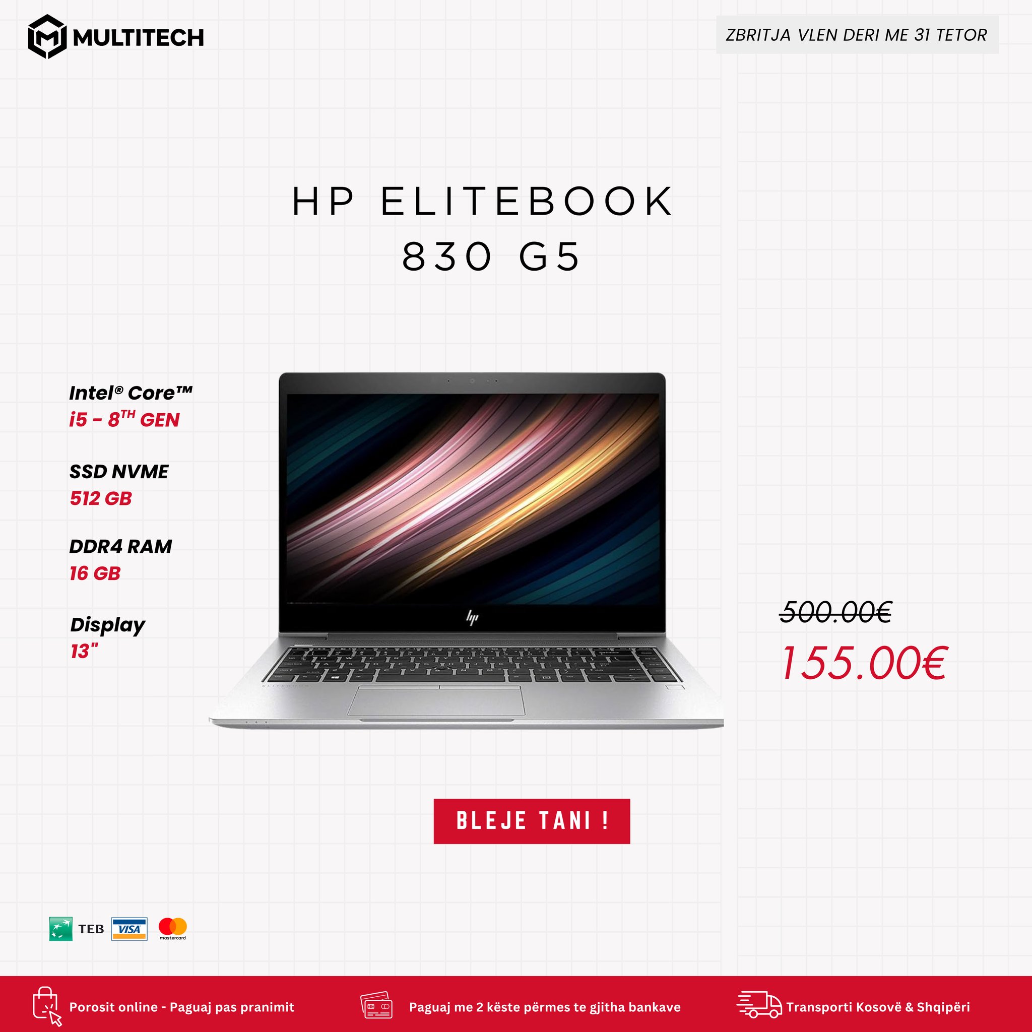 Laptop HP EliteBook 830 G5 Intel Core i5 16GB – MultiTech | Laptopë, Desktop & IT