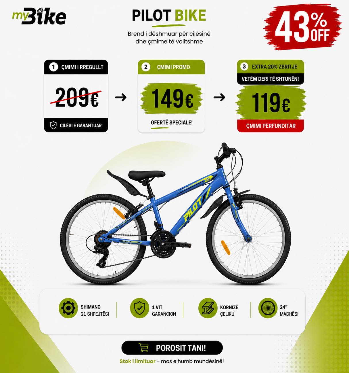 Biçikletë Pilot 24 inç me 21 shpejtësi Shimano – myBike Bikes & Accessories