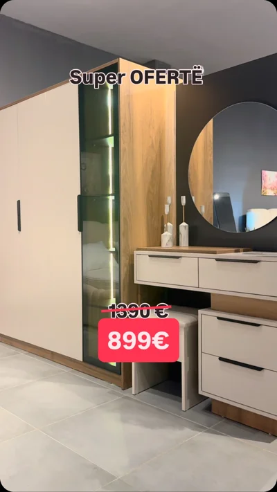Dhomë gjumi me dollap, tualet dhe pasqyrë të rrumbullakët