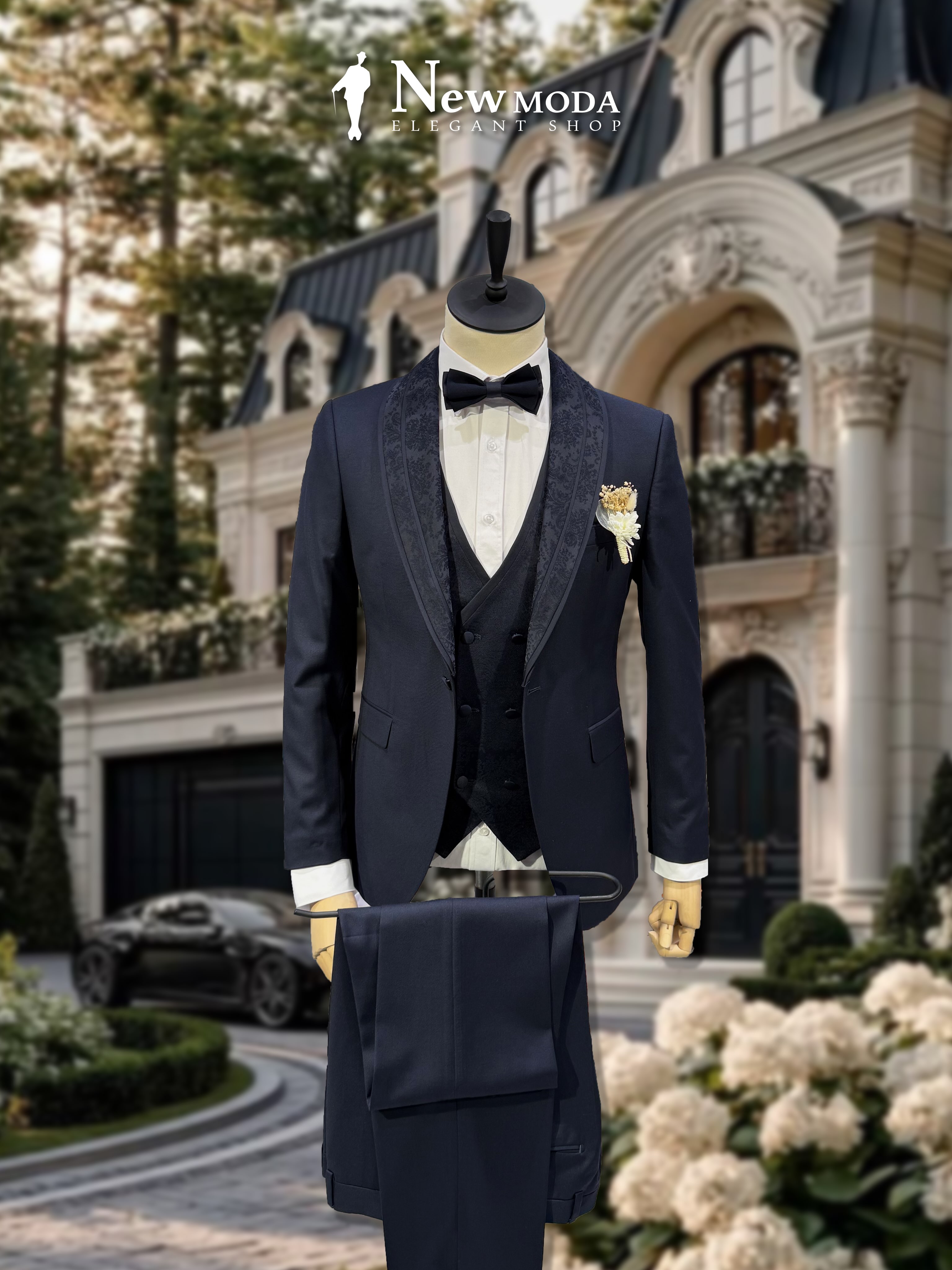 Smoking blu i errët me jelek dhe papion – New Moda Elegant Shop