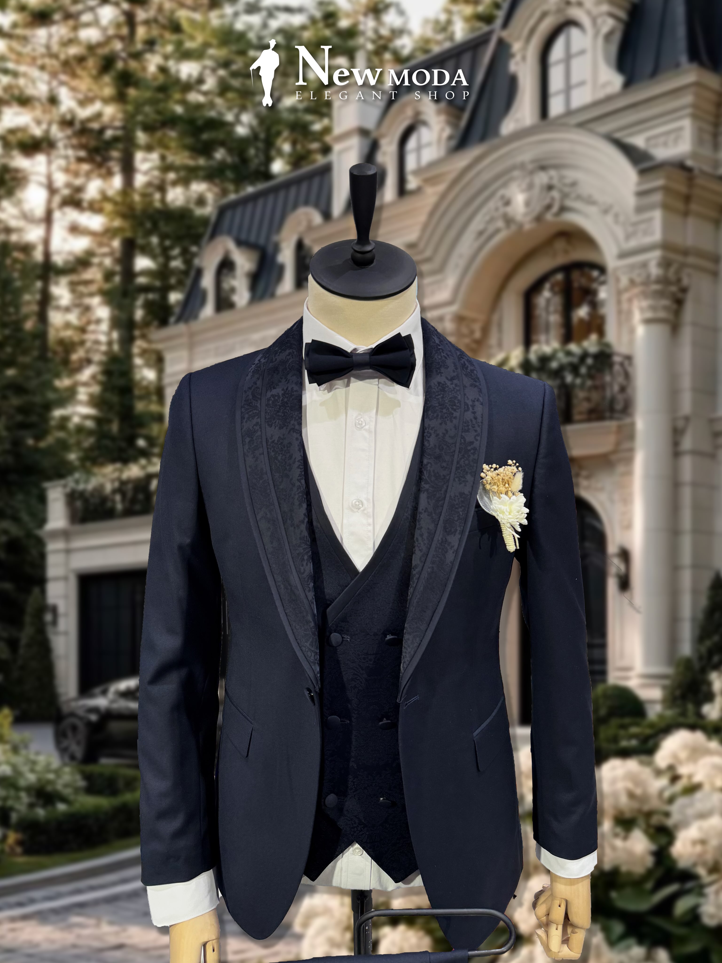 Smoking blu i errët me jelek dhe papion – New Moda Elegant Shop (2)