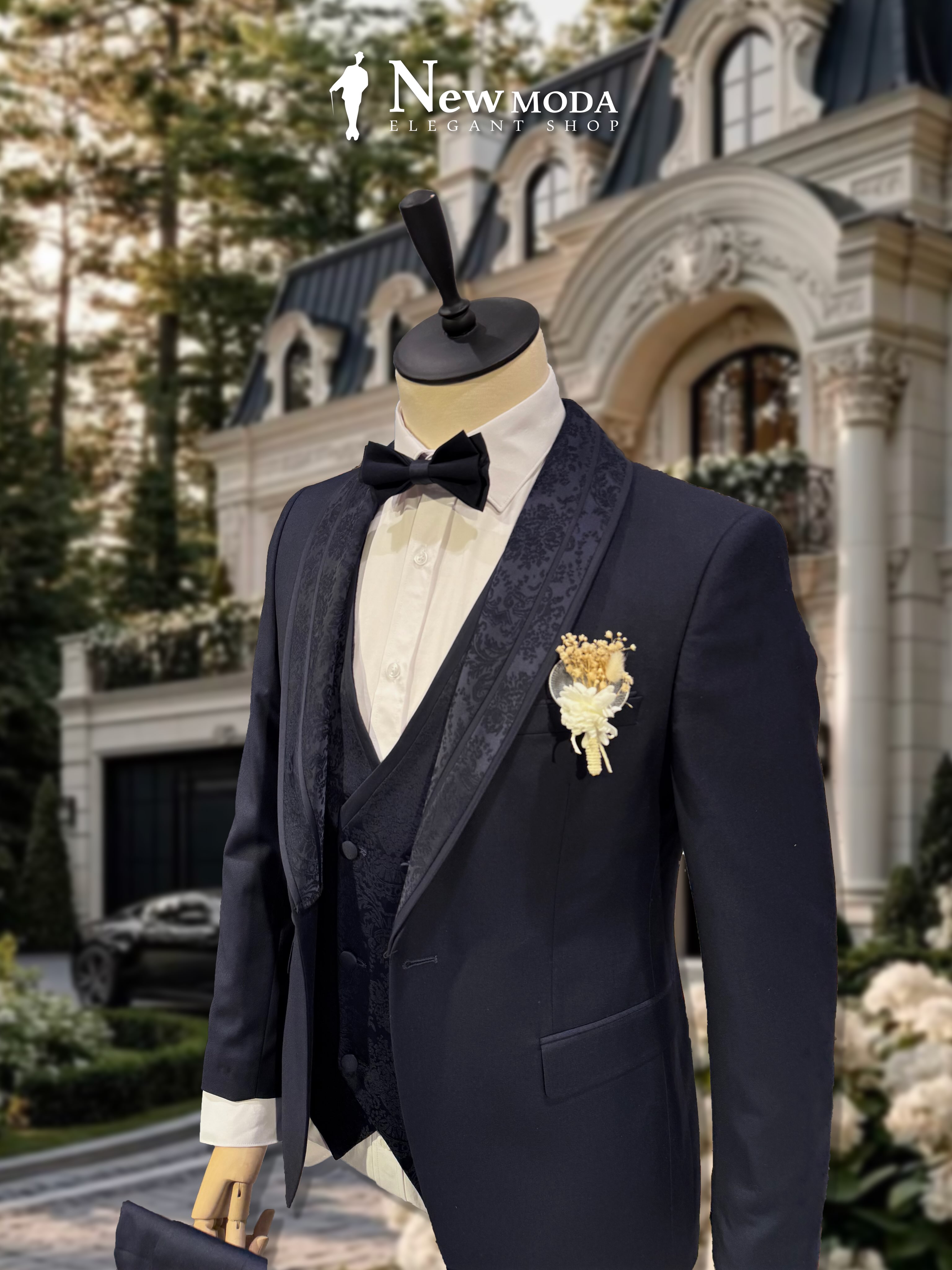 Smoking blu i errët me jelek dhe papion – New Moda Elegant Shop (3)