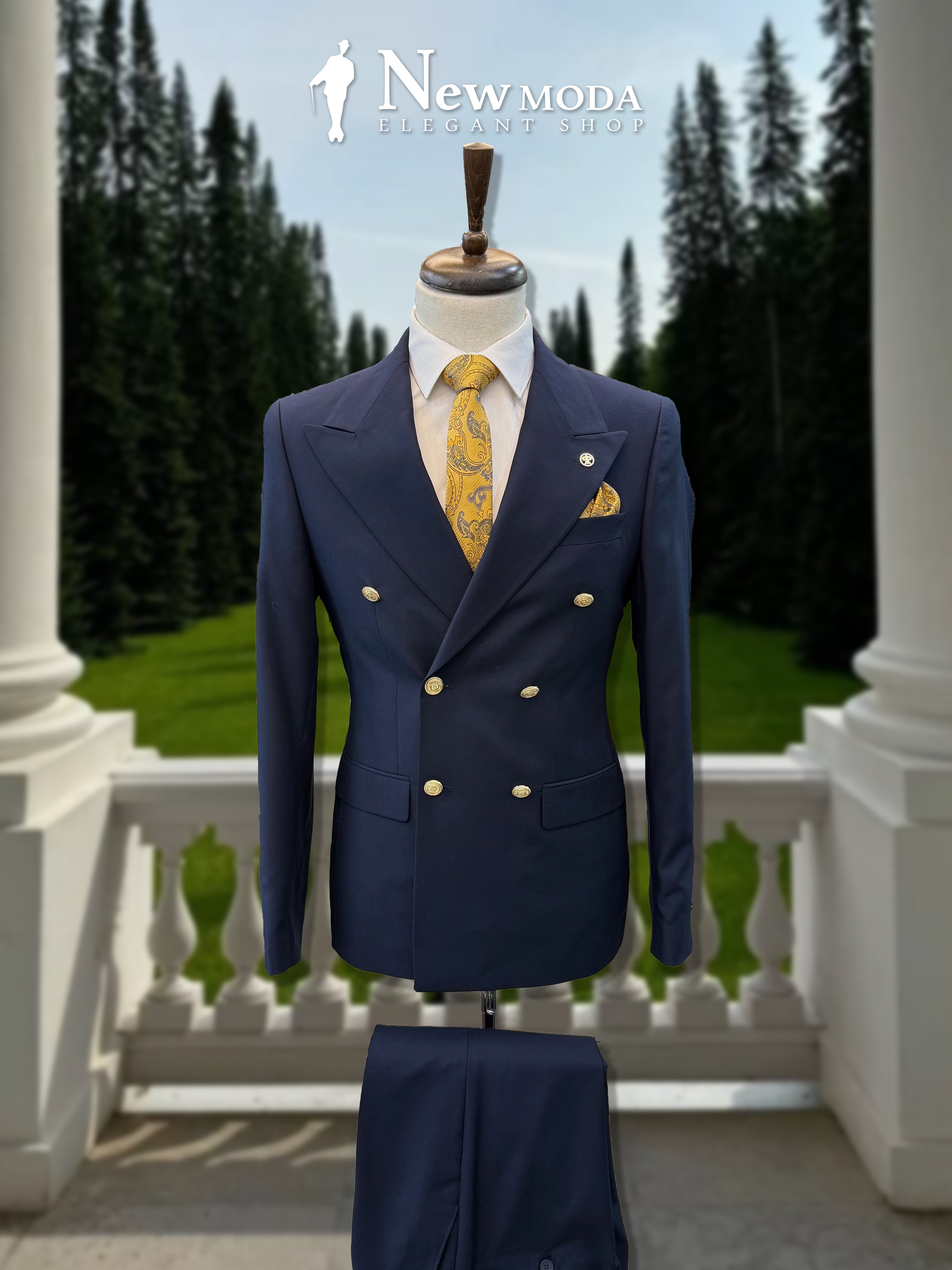 Kostum burrash blu i errët me kopsa ari – New Moda Elegant Shop