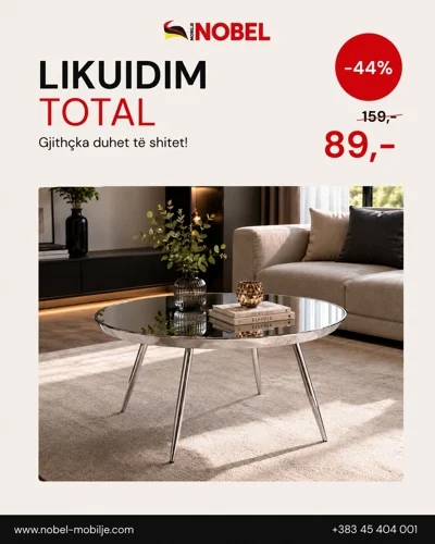 Tavolinë mesi ovale me xham dhe këmbë metali