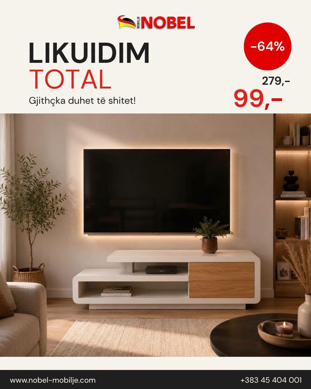 Komodë TV e bardhë moderne me sirtar druri – Mobilje NOBEL