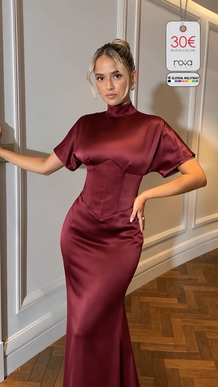 Fustan satini bordo me jakë të lartë – NOVA WEAR