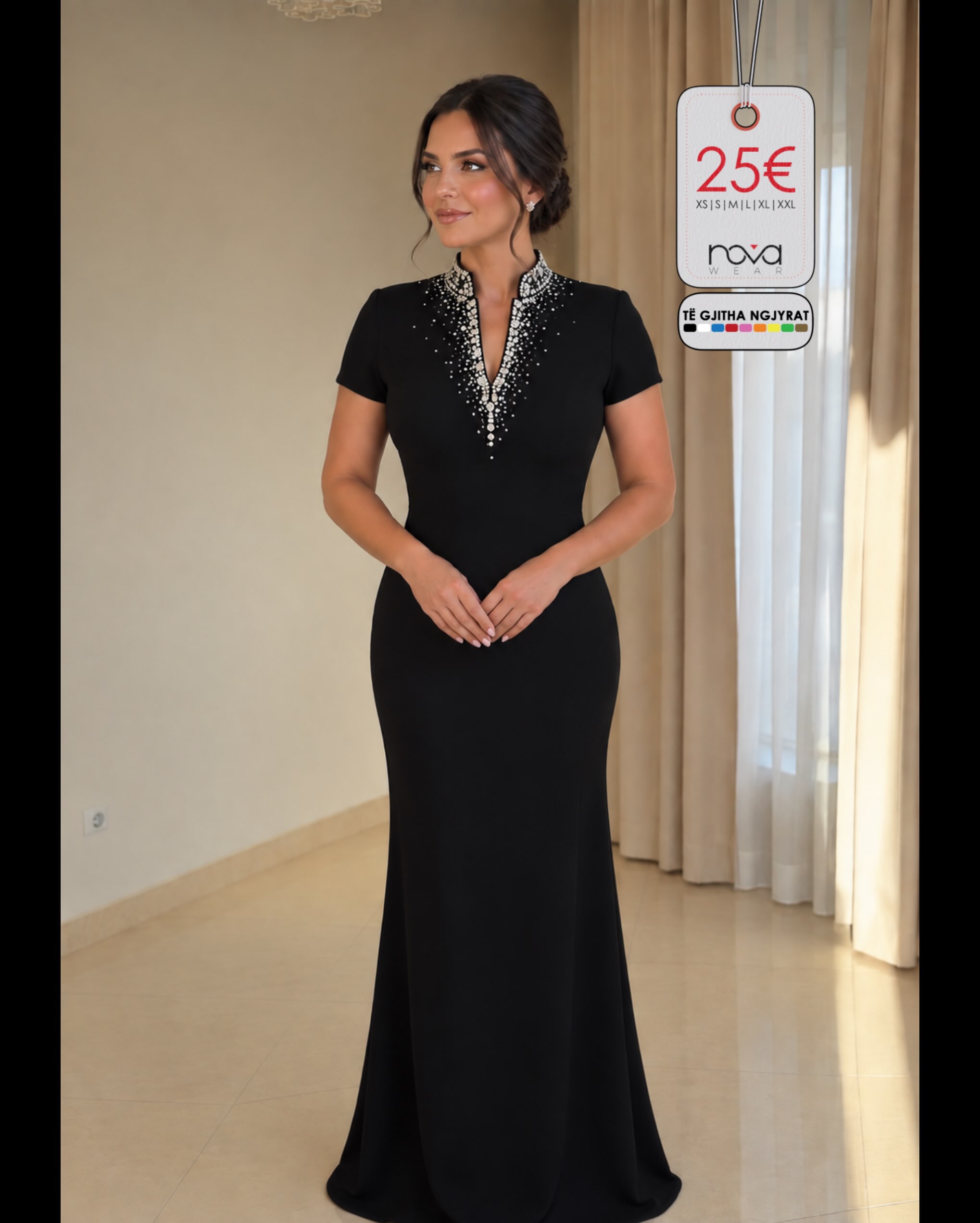 Fustan mbrëmjeje i zi me jakë me gurë – NOVA WEAR