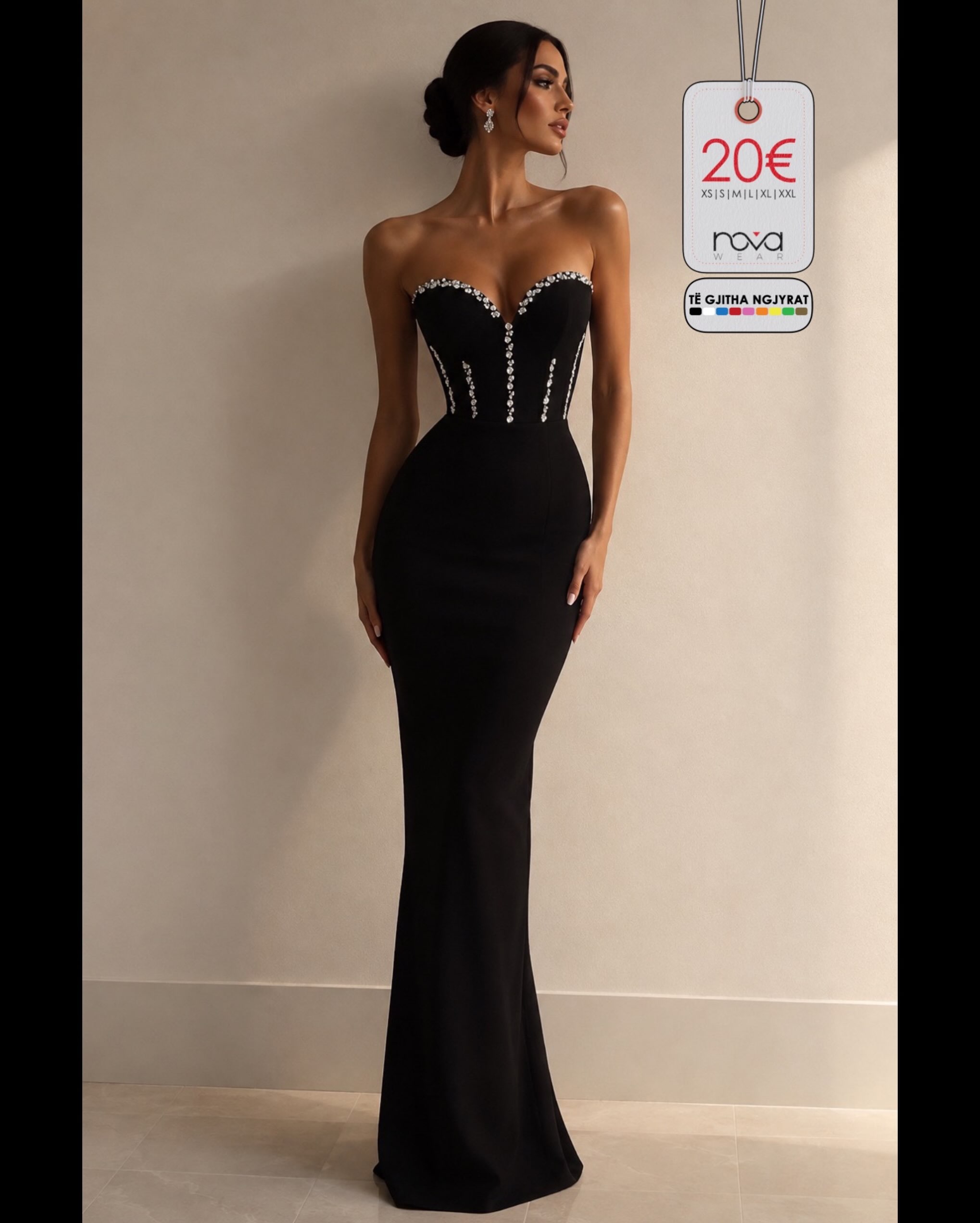 Fustan mbrëmjeje i zi me korse dhe gurë – NOVA WEAR
