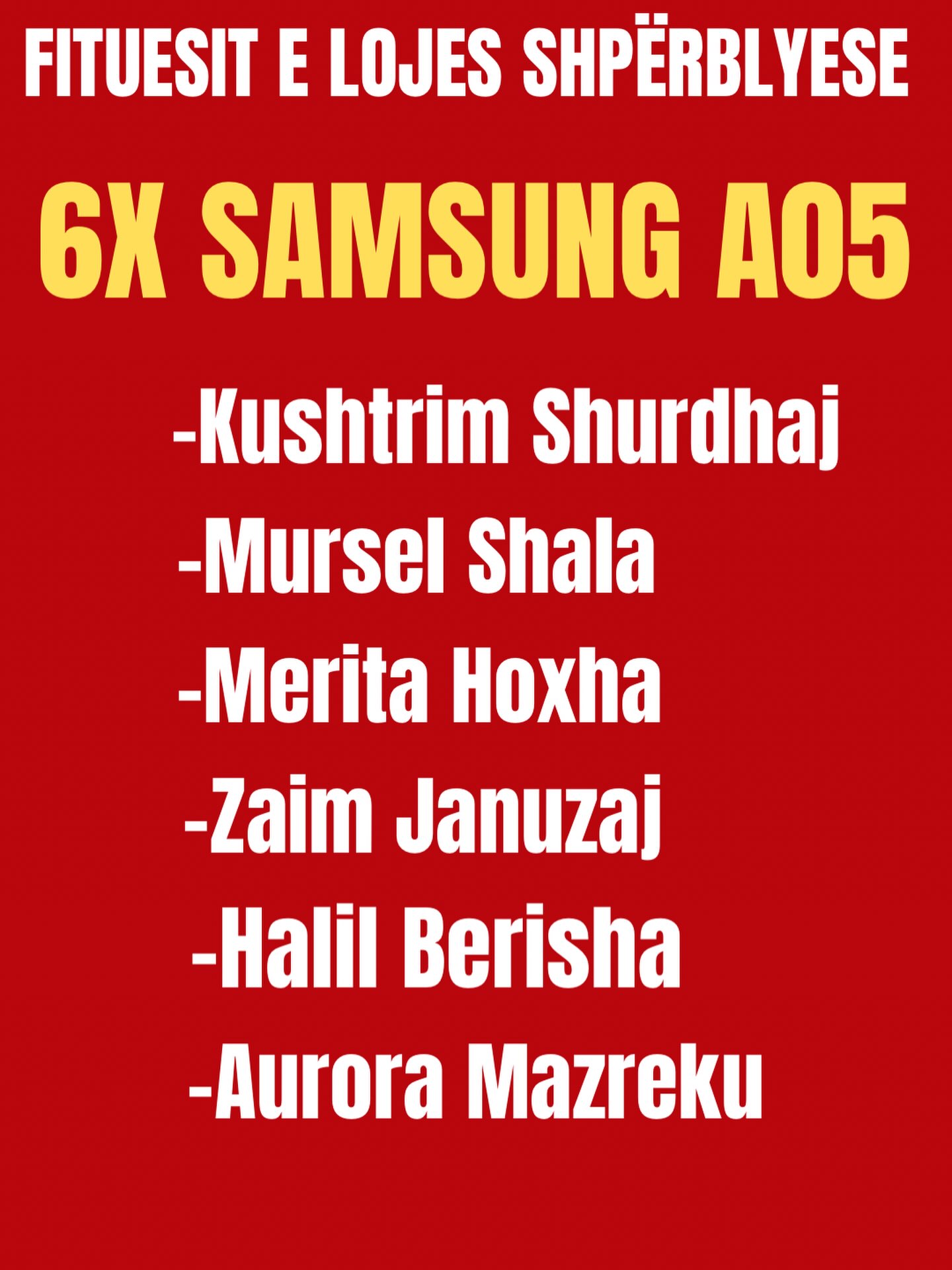 Fituesit e lojës shpërblyese me Samsung A05 – Pajtimi Center - Malishevë