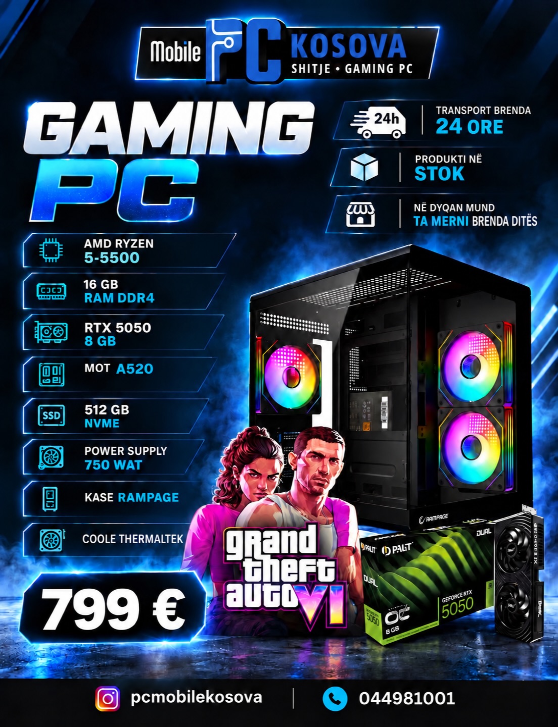 Kompjuter gaming AMD Ryzen 5 5500 RTX 5050 – Pc Mobile Kosova   Sh.p.k 💻 🖥