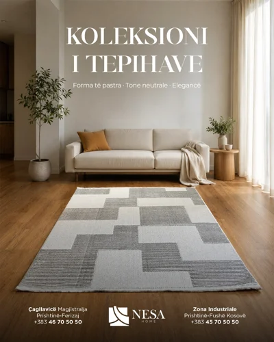 Tepih modern gri dhe krem me motive gjeometrike