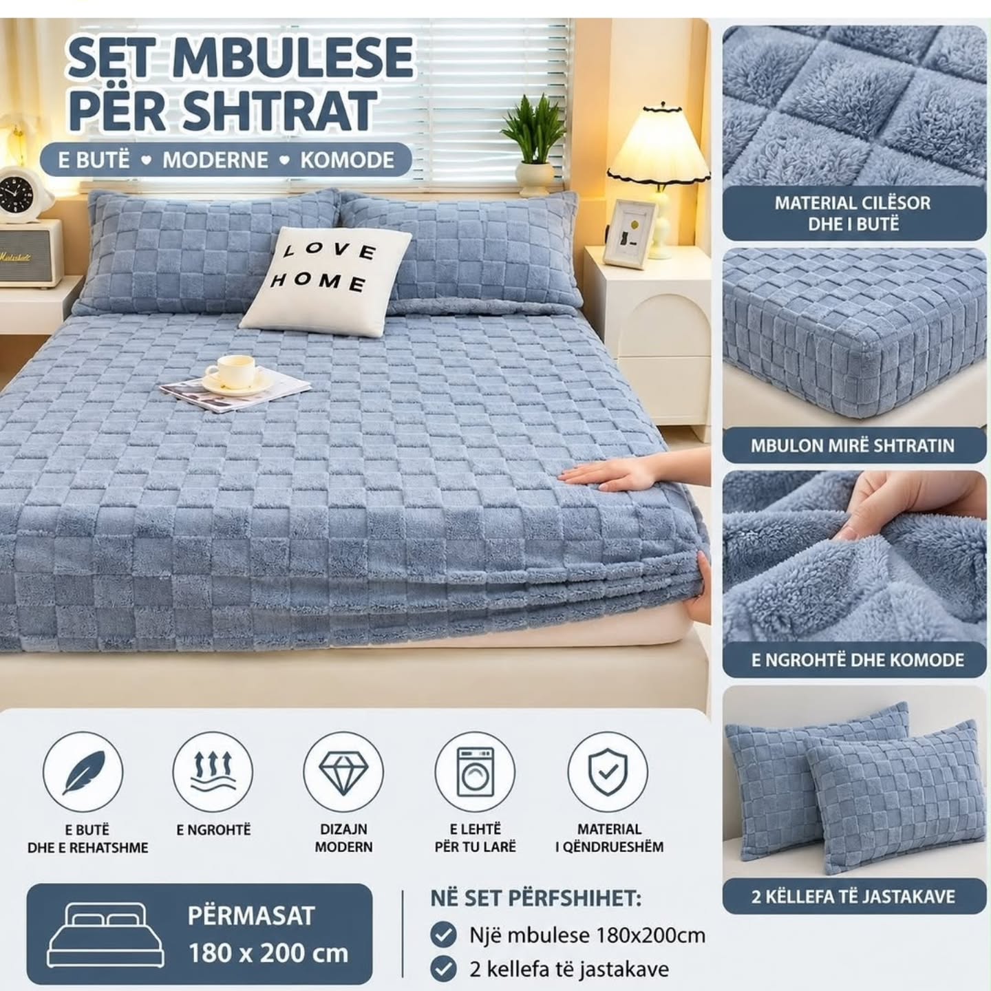 Mbulesë shtrati e kaltër 180x200 me 2 këllëfa – porosit_online_ks12