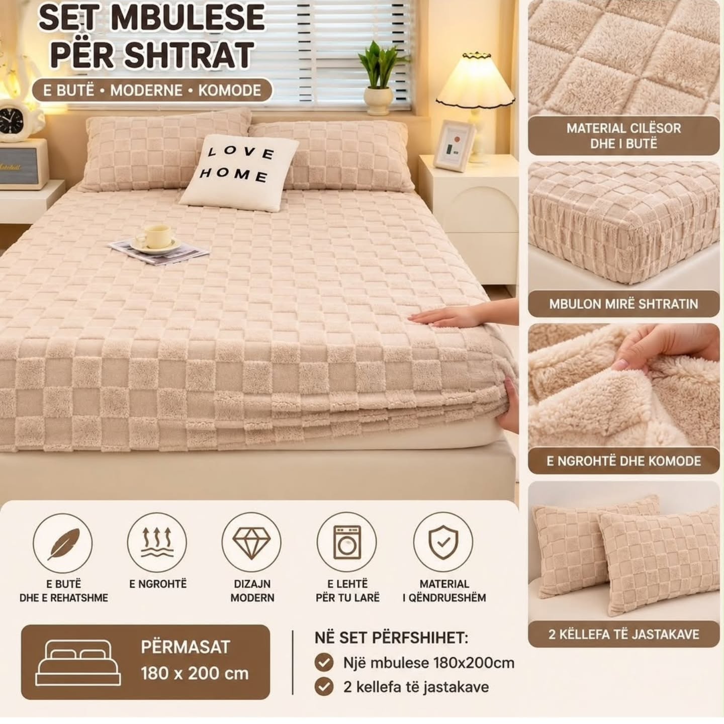Mbulesë shtrati bezhë 180x200 me 2 këllëfa – porosit_online_ks12