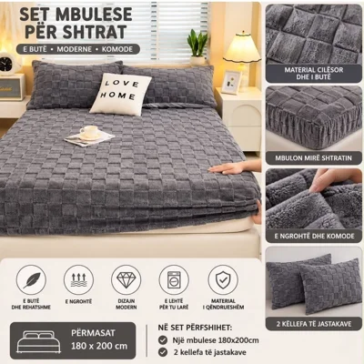 Mbulesë shtrati e hirtë 180x200 me 2 këllëfa