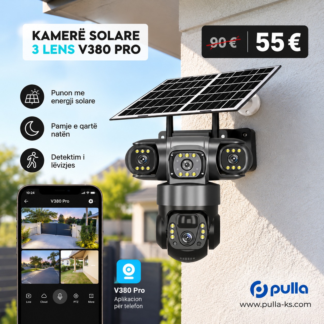 Kamerë solare V380 Pro me 3 lente – PULLA   |   Dyqani Online