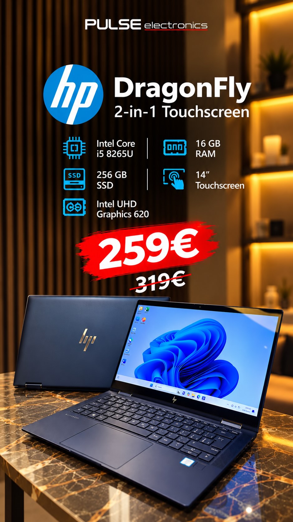 Laptop HP Dragonfly 2-në-1 14 inç me ekran prekës – PULSE electronics