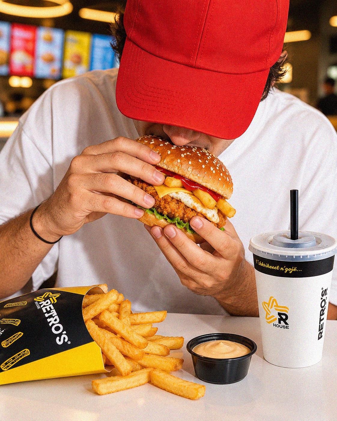 Hamburger me vezë pomfrit dhe salcë – Retro's Kosova