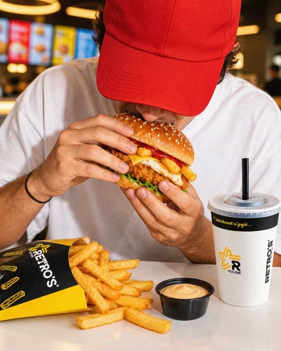 Hamburger me vezë pomfrit dhe salcë