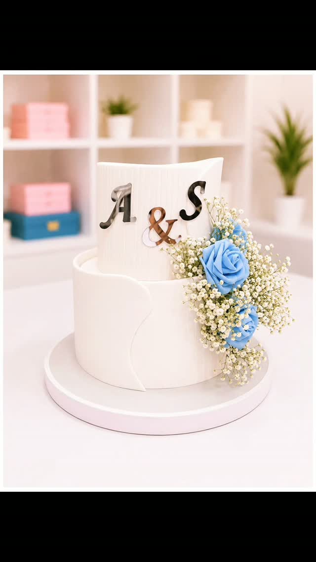 Tortë dykatëshe e bardhë me inicialet dhe lule blu – R-R Cakes - Torte me porosi