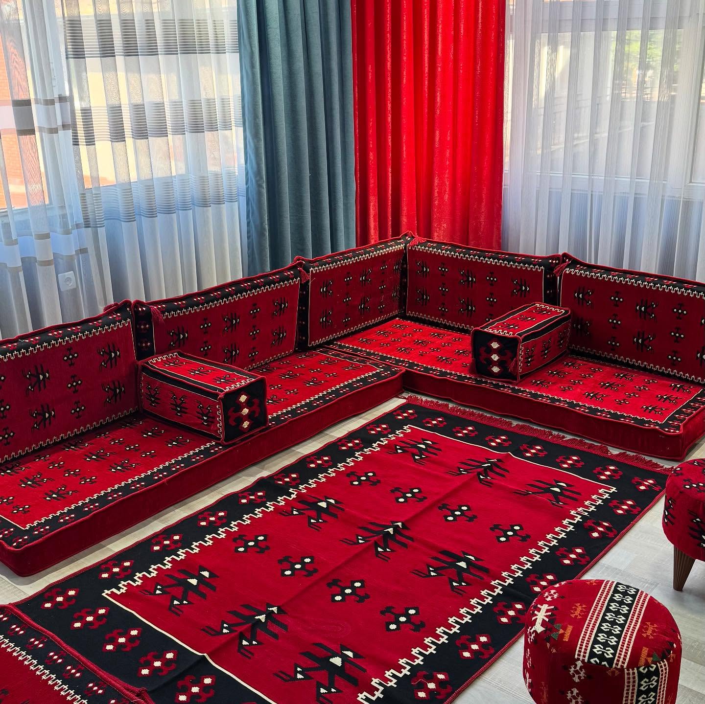 Set oriental minderësh të kuq me tepih – Salloni i Tepihave  "SARA” (2)